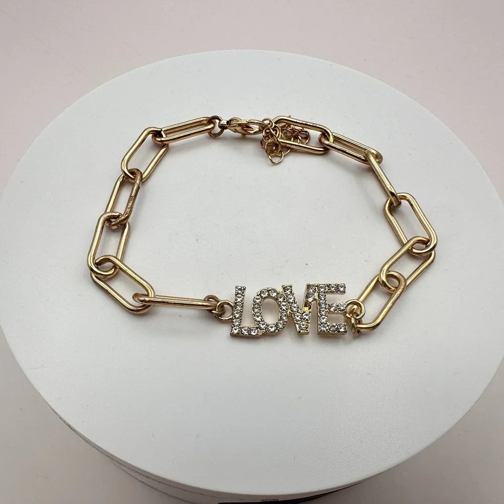 Vintage Y2K Gold Tone Rhinestone LOVE Paperclip Chain Bracelet for Women